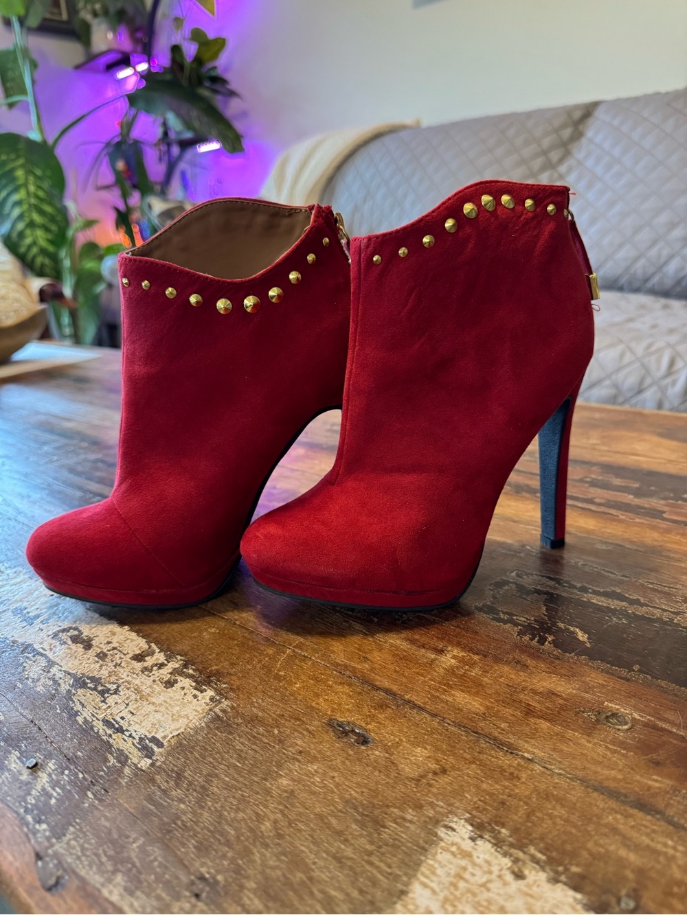 Women’s Red Suede Studded High-Heel Ankle Boots